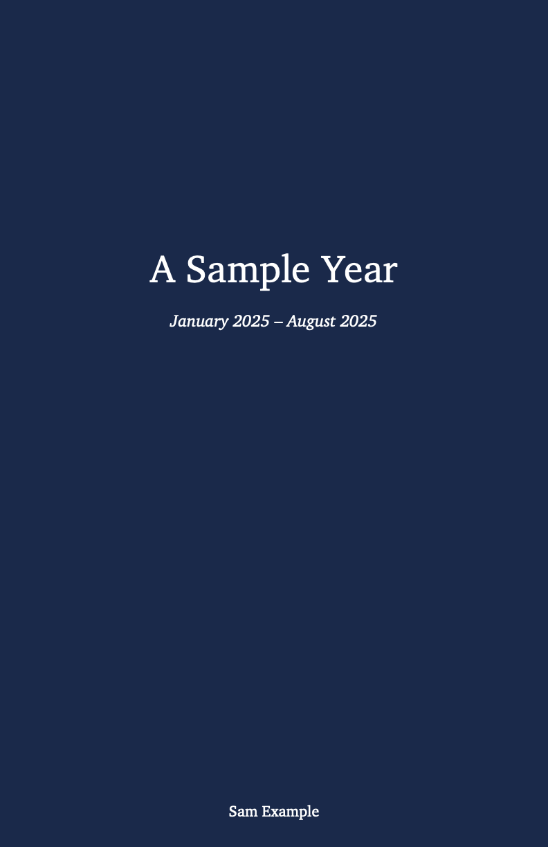 Sample front cover: a navy book with the title A Sample Year, its date range, and the author’s name.