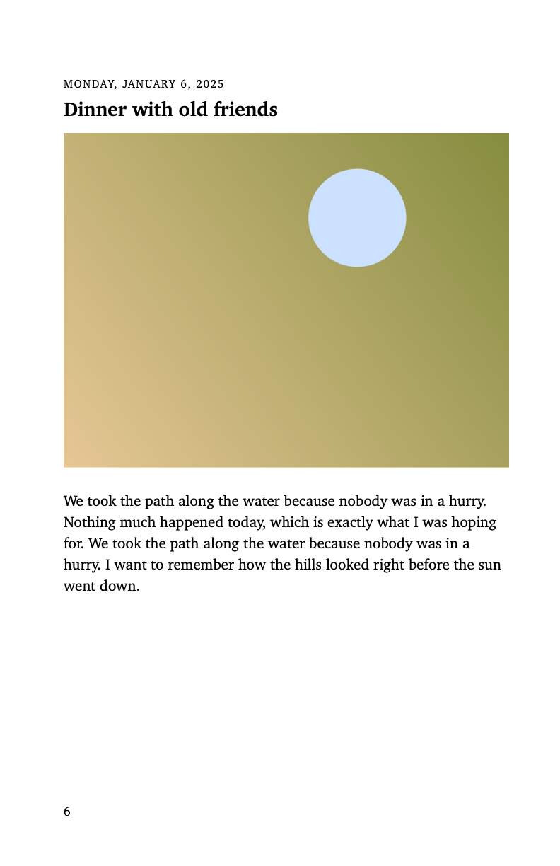 Sample left-hand page: a dated journal entry with a photo under its title, followed by the entry’s text.