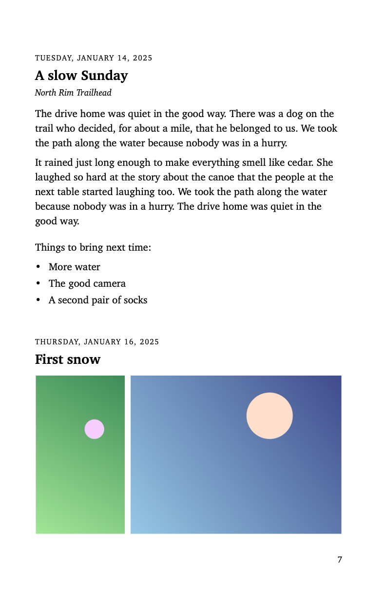 Sample right-hand page: an entry with a bulleted list, then an entry with two photos side by side.
